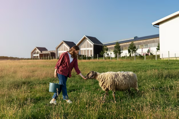 Shepherd woman feeding sheep