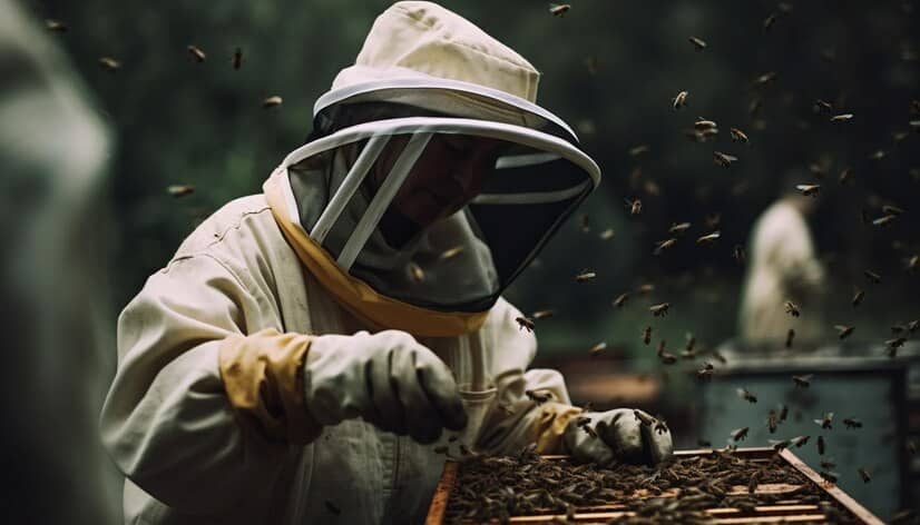 Beekeeper in Protective Wear Harvesting Honeycombs